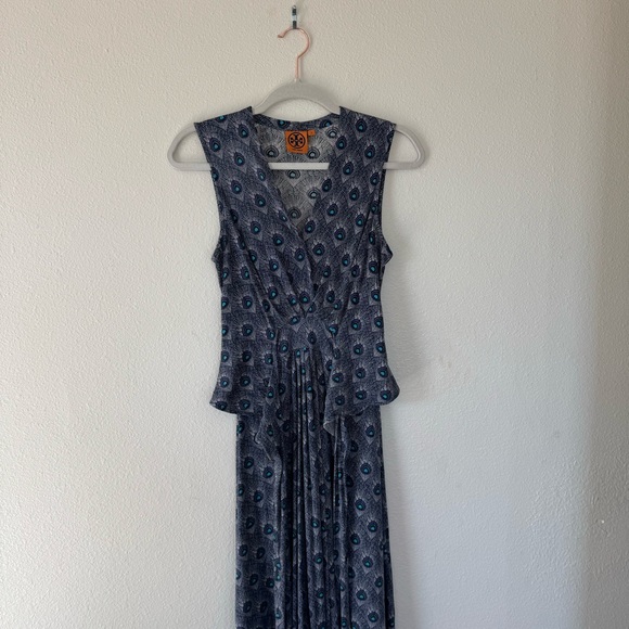 Tory Burch 100% Silk Wrap Dress Peacock Feather Print Sleeveless Purple Blue S - Picture 5 of 13